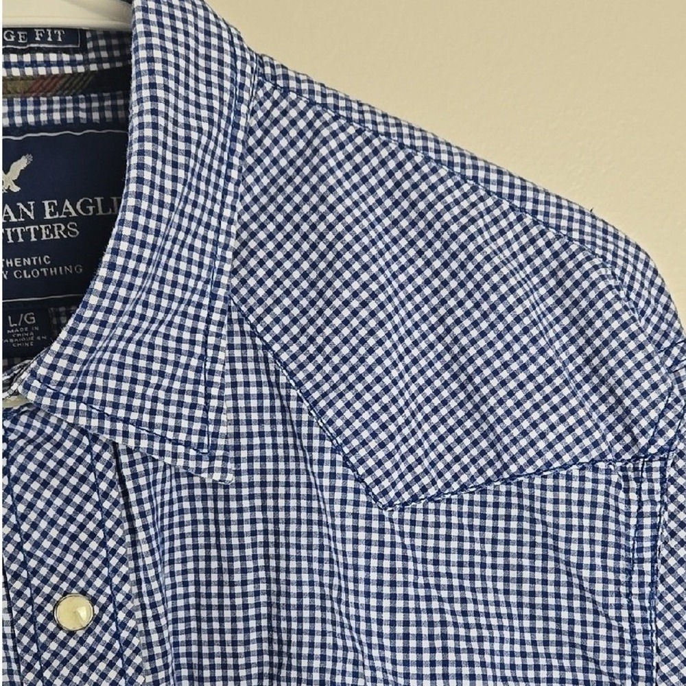 American Eagle Mens Blue Gingham Western Pearl Snap Shirt Vintage Fit Large L